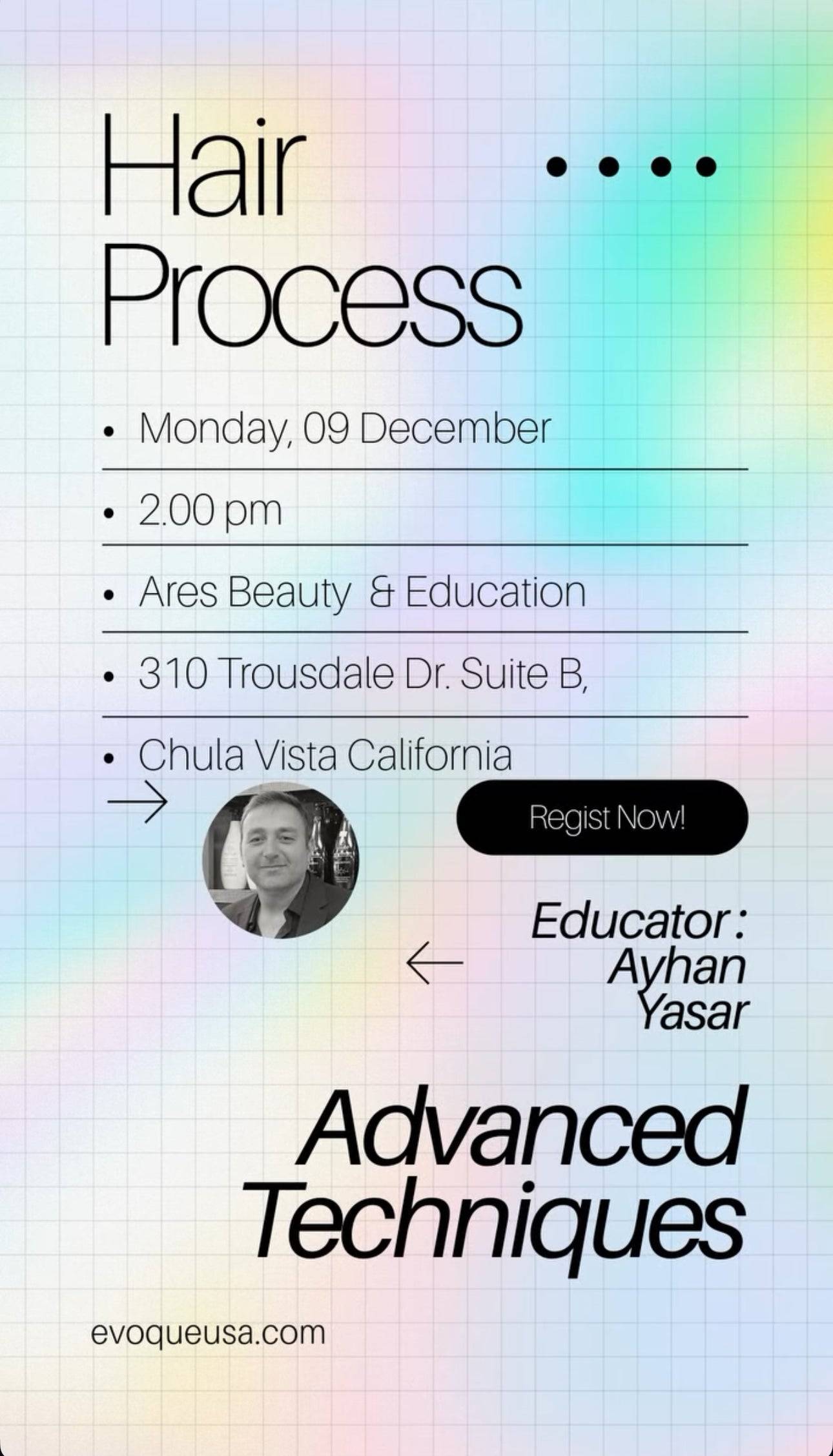 Promotional flyer for Keratin Hair Process Masterclass by Ayhan Yasar on December 9, 2024 at Ares Beauty Studio in Chula Vista, California. Features event details and educator photo for advanced hair treatment techniques.