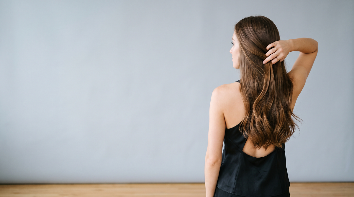 Woman running a hand through long healthy hair